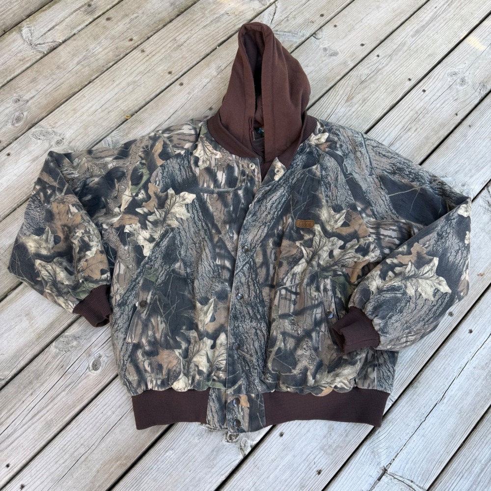 Cabelas Camo Hooded Bomber Jacket Mens XL Quilted Lined Camouflage Hunting Coat
